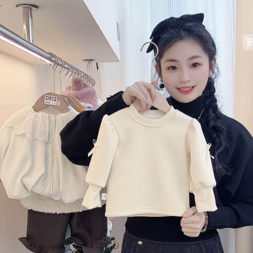 【加绒】新款秋冬款米黄色打底衫加绒泡泡袖女宝宝加厚新年韩版