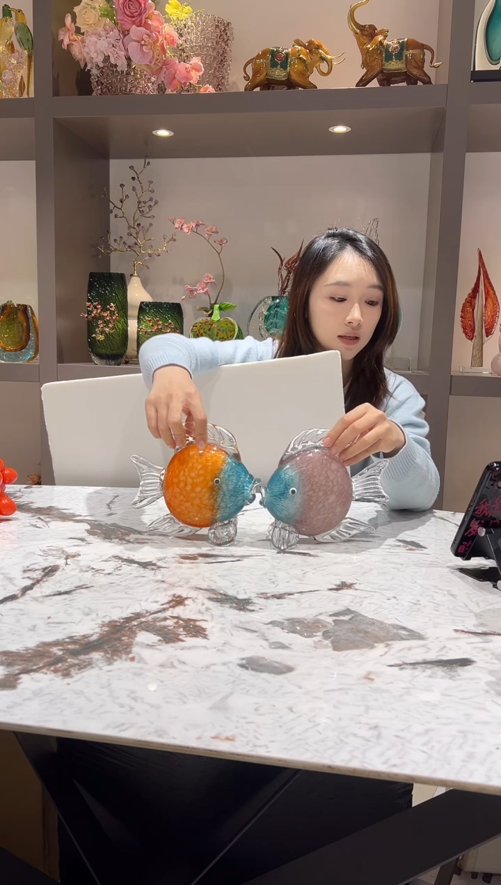 琉璃小鱼摆件一对