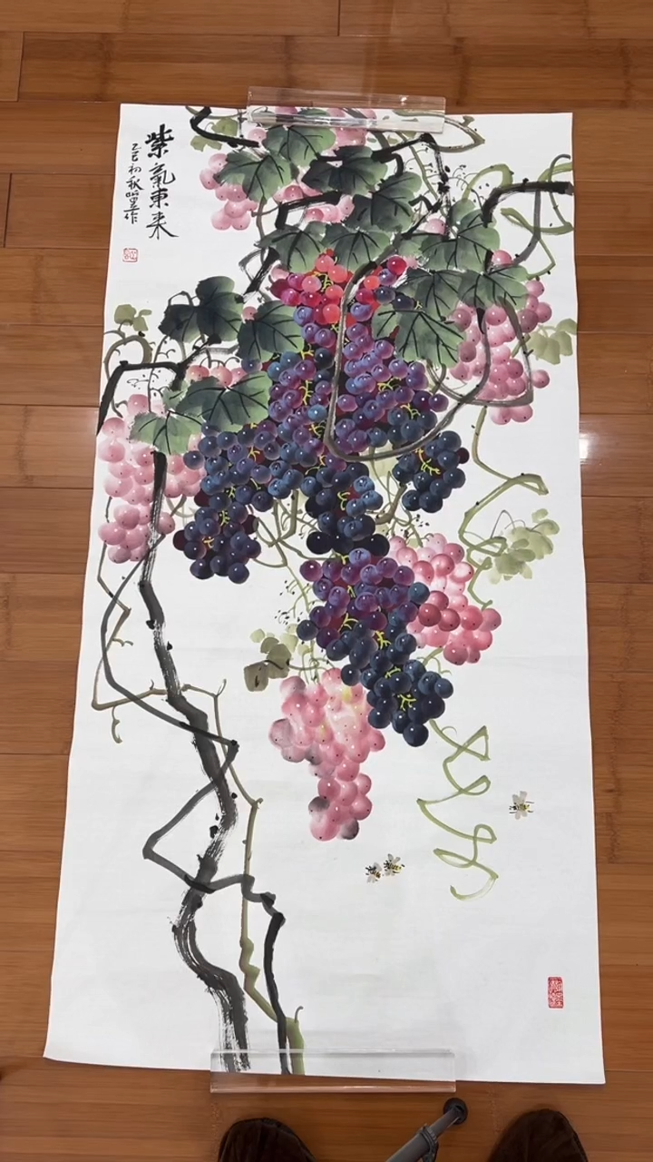 国画【福利，纯手工手绘】听昱葡萄竖版138*68厘米