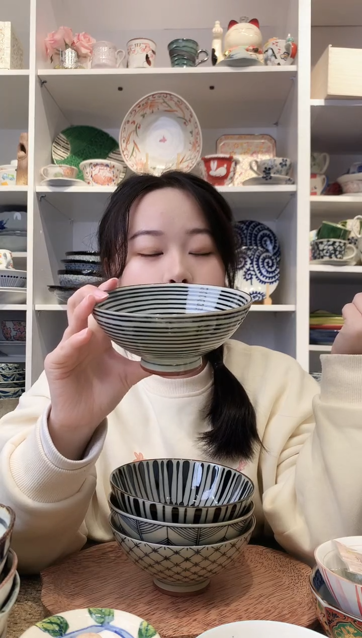 陶瓷美浓烧和心条纹米饭碗14.5cm