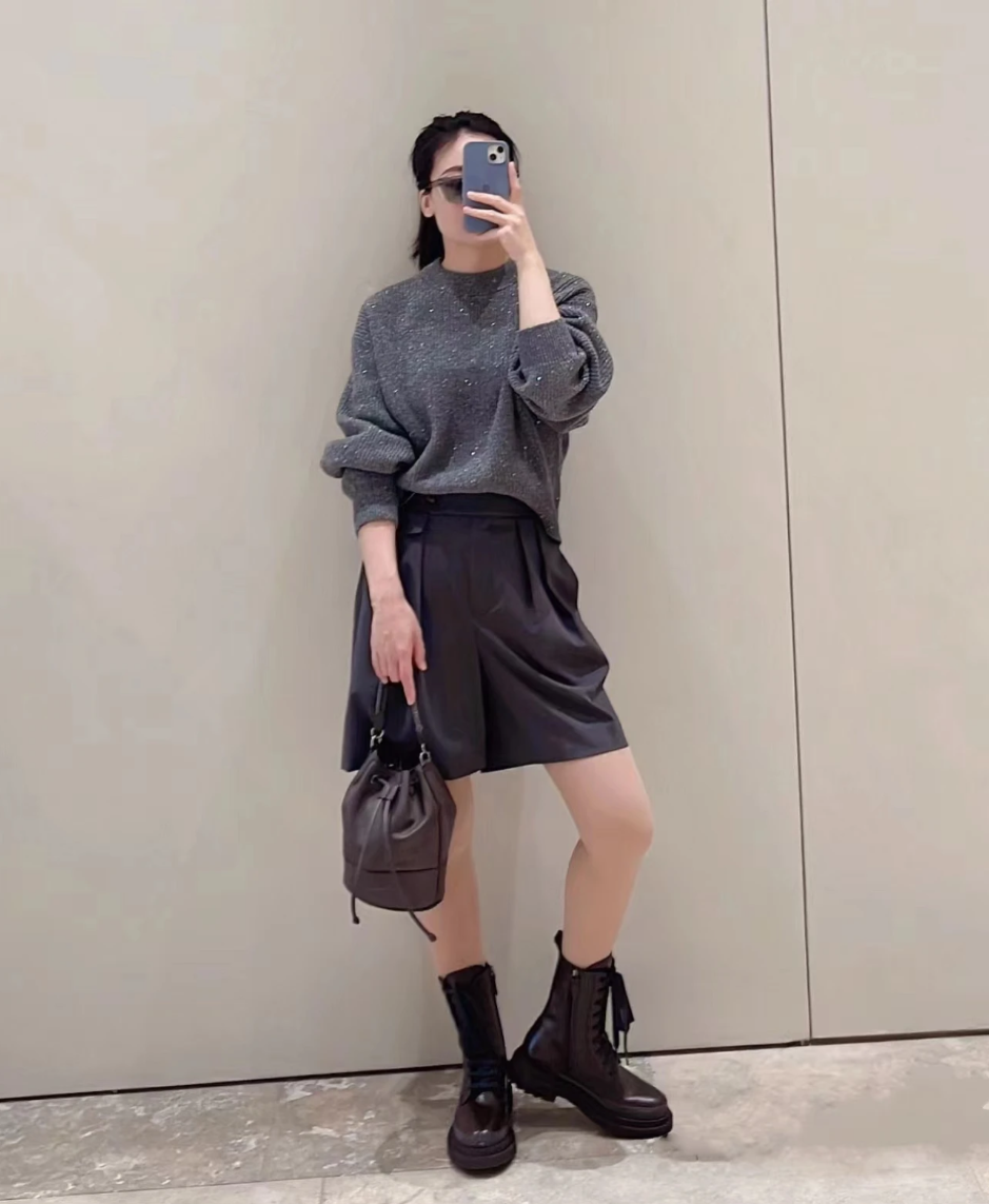 女士金属感亮片缀饰毛衣落肩山羊绒-68010