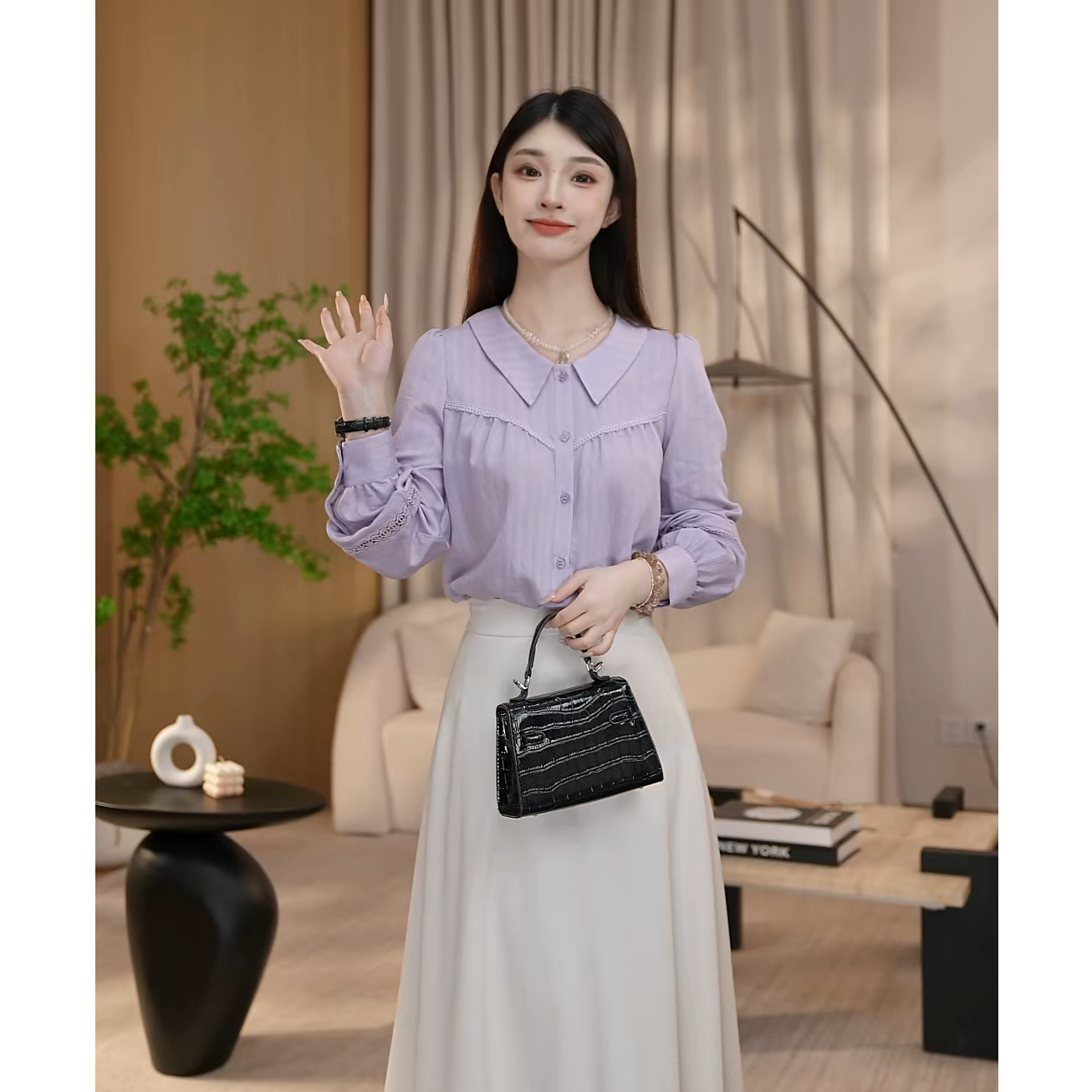 曼贝长袖衬衫袖时尚女装职业衬衫常规小众女8493072A丁香紫【珮珮】