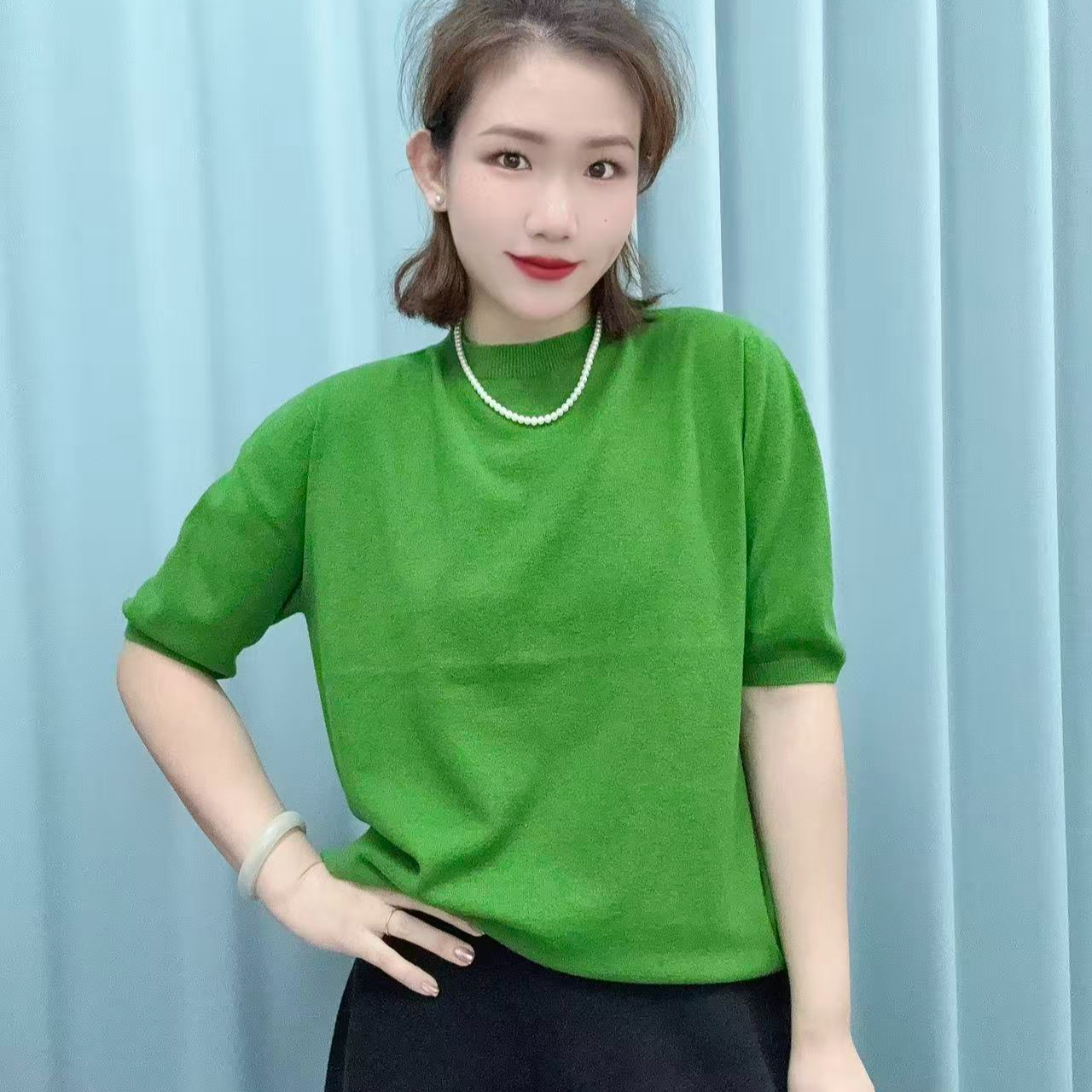 3301 针织圆领秋季女短袖中袖毛针织衫针织衫女装百搭毛衣