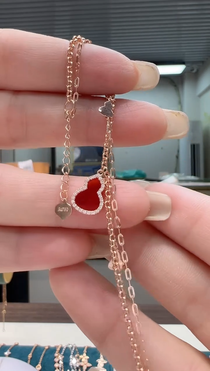 【闪购商品】钻石手链18K金镶嵌满钻红葫芦手链