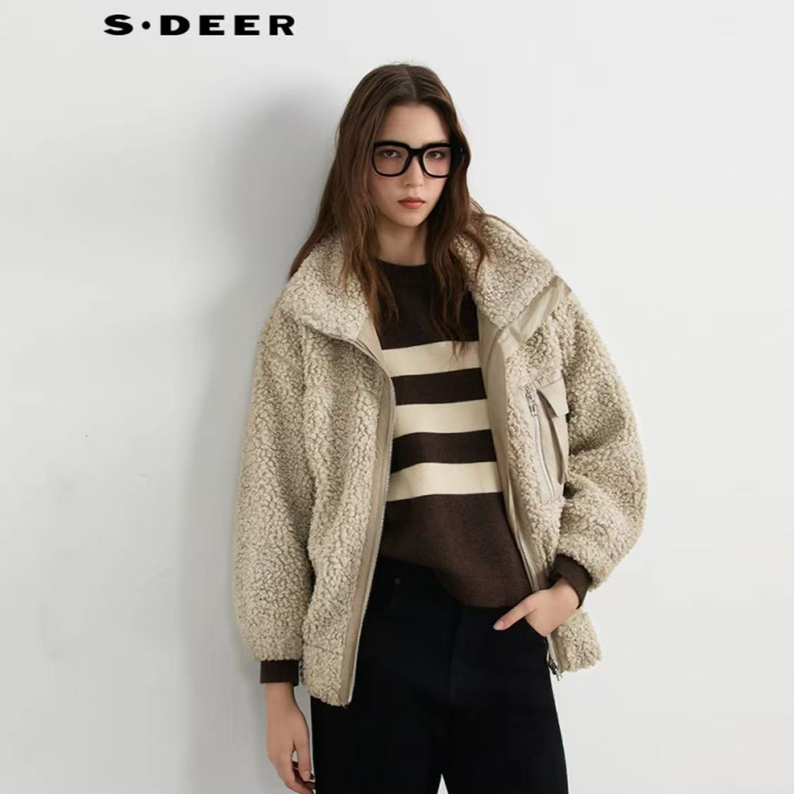 S·DEER圣迪奥女装时尚个性高领拼接立体口袋时尚外套S21482228