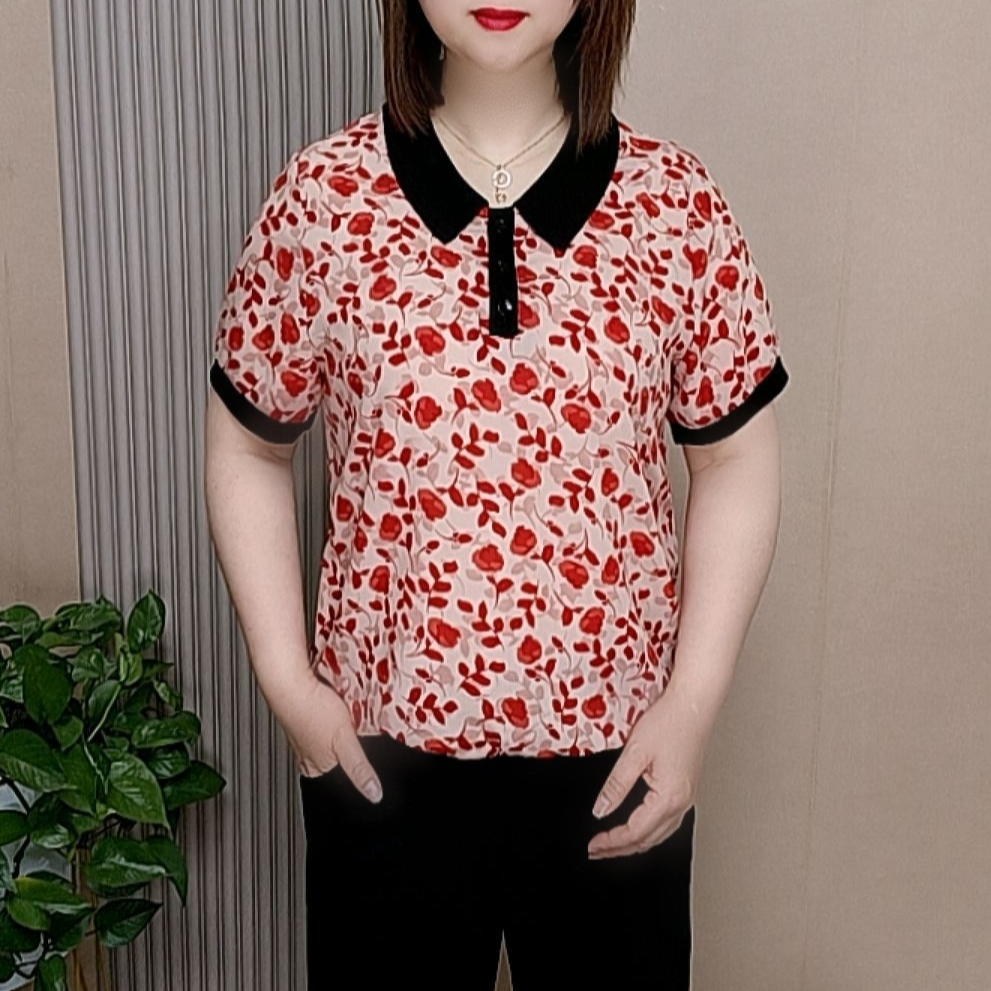 时尚洋气百搭翻领碎花薄款短袖妈妈装高贵气质V领宽松显瘦上衣女