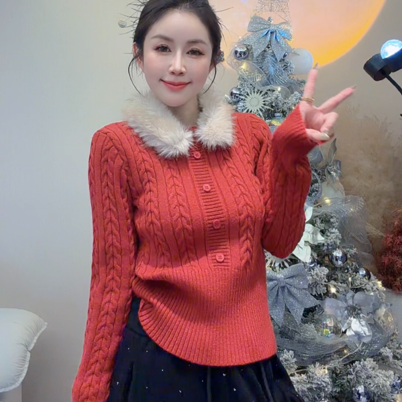 LX~韩系秋冬针织毛领百搭保暖洋气针织毛衣打底上衣7106