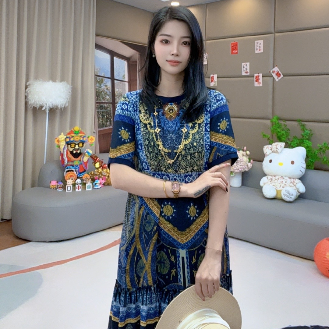 《雯雯心选》“定位印花”单层真丝连衣裙气质时尚圆领 75265