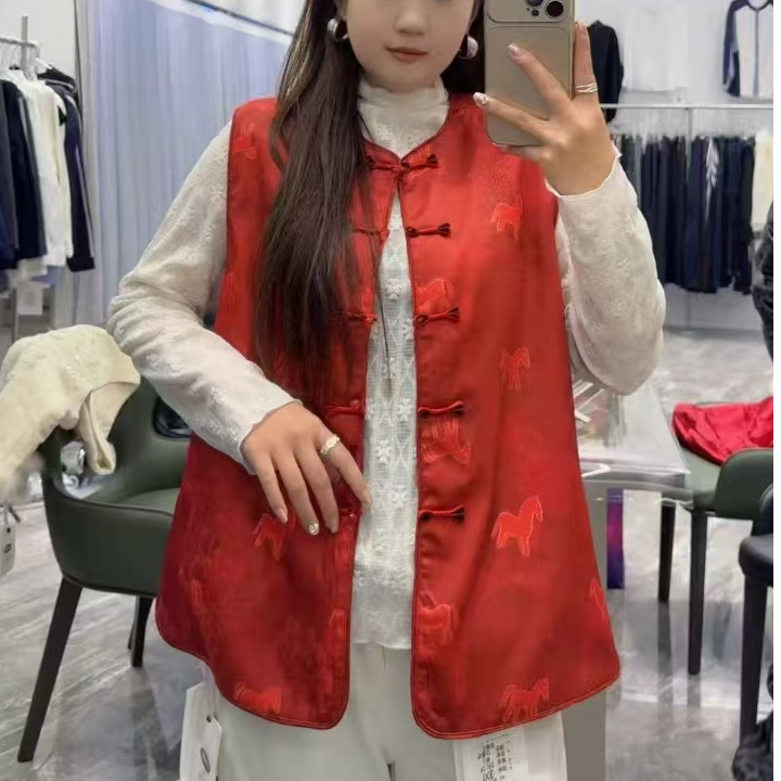 新款大码厚款圆领薄款小马图案女马夹中国风上衣民族风28886