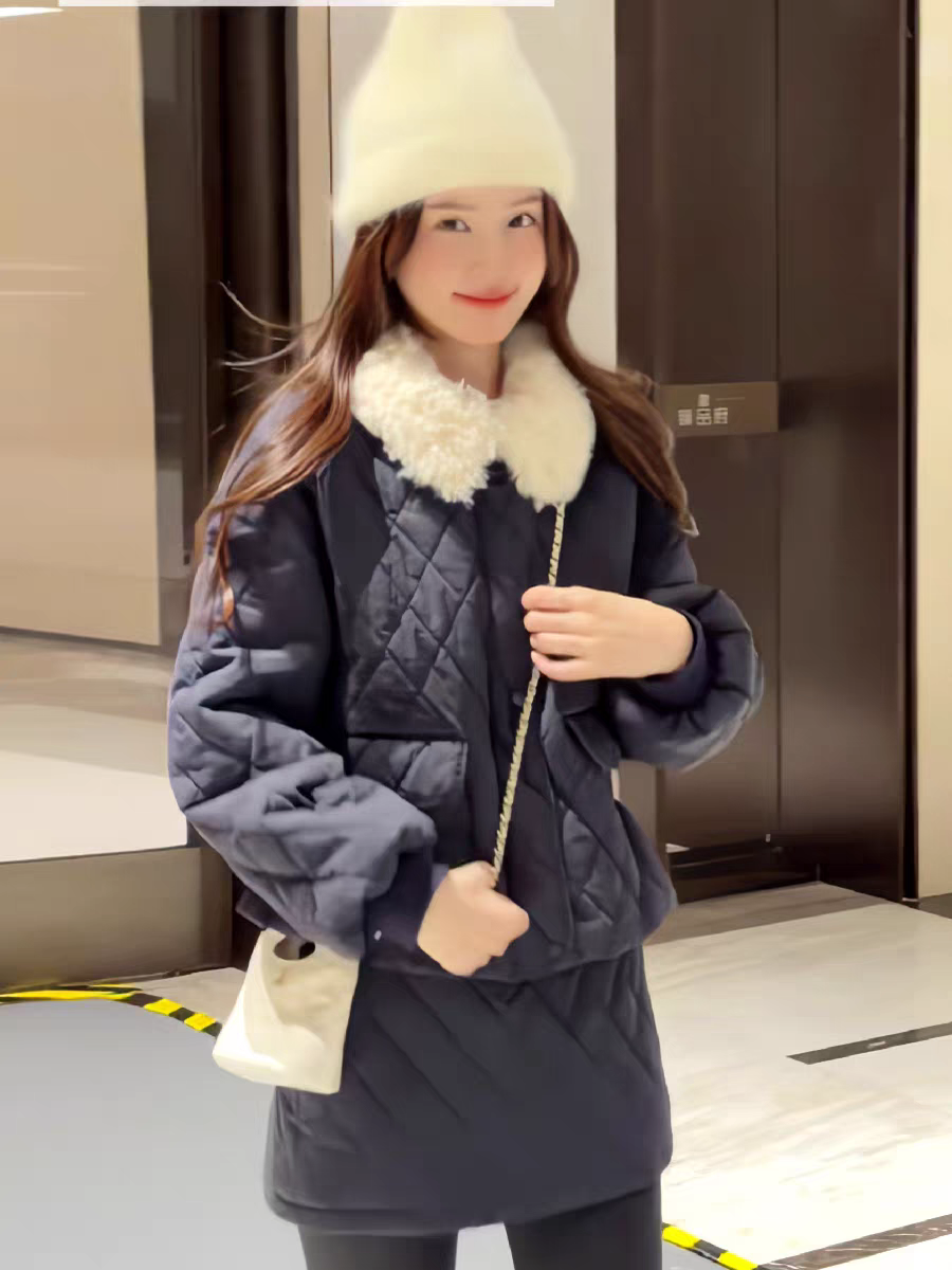 冬季新款加厚保暖毛领外套胖mm轻奢风高腰半身裙两件套装