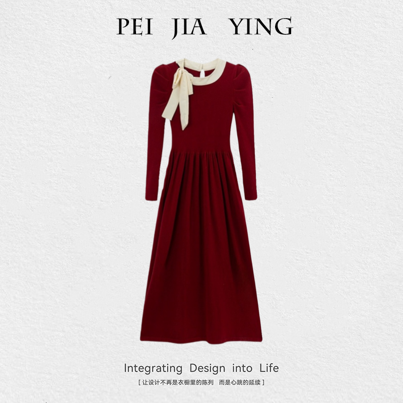 女秋冬2026春秋新款时尚法式气质长裙红色蝴蝶结系带针织连衣裙子