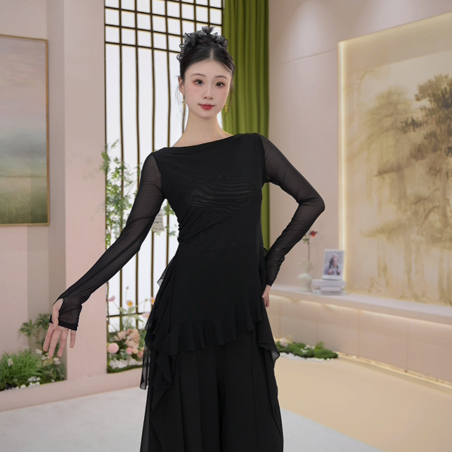 057水纱荷叶摆舞蹈服上衣修身练功服形体服长袖跳舞服秋冬新款