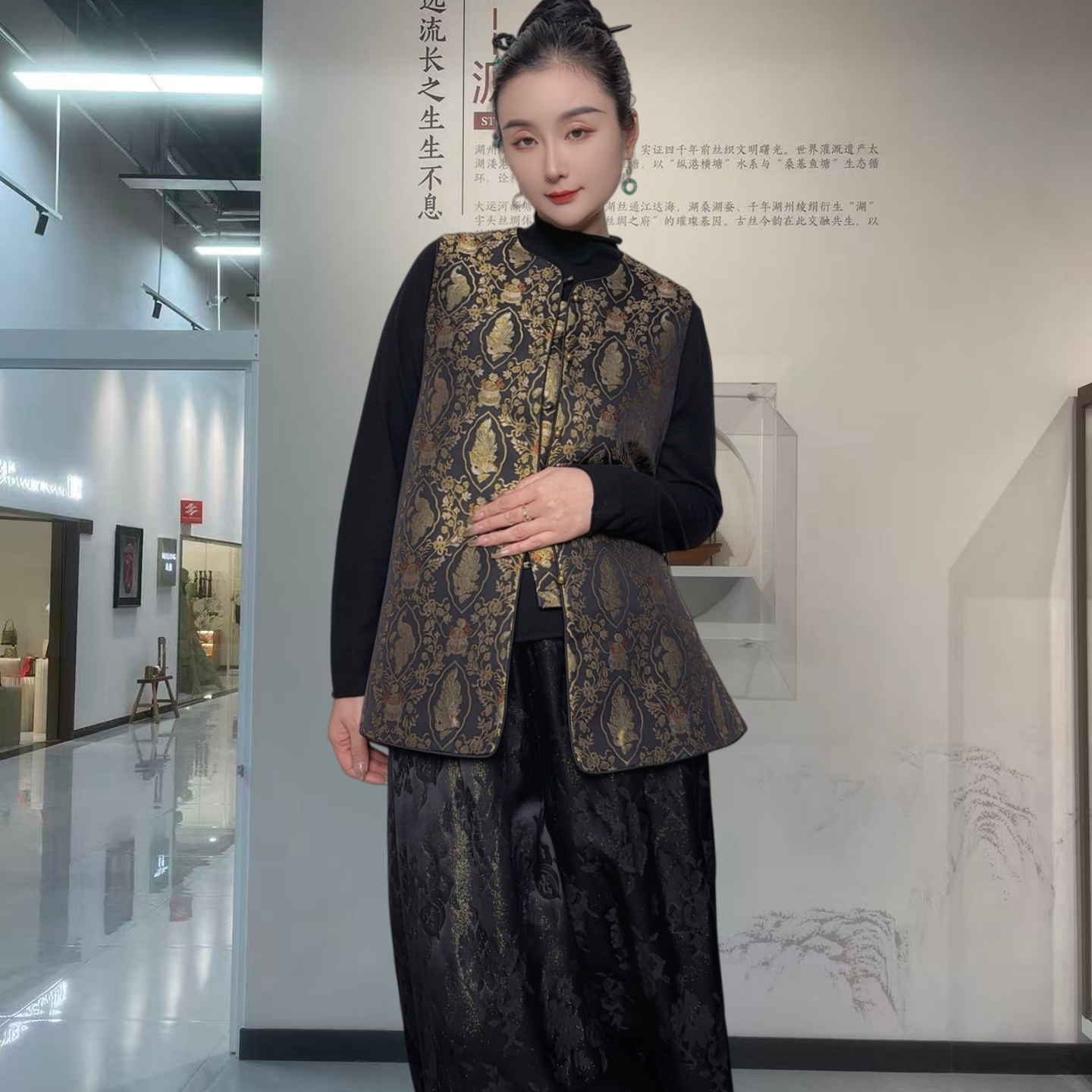 女款新中式国风100%桑蚕丝宋锦A字版中长款圆领宽松高端气质马甲