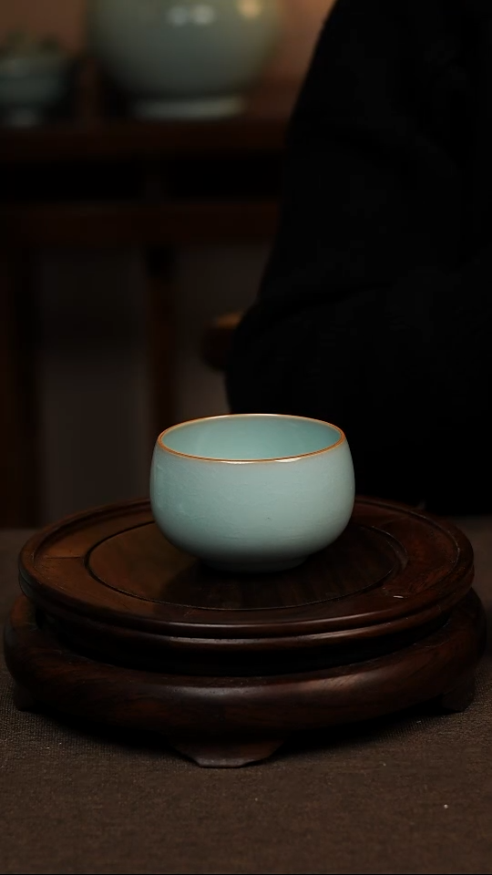 瓷片天青色全手工描金禅定杯150ml微瑕不带礼盒