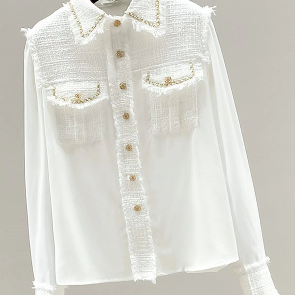 C53法式高级感粗花拼接衬衫女春款气质宽松遮肚衬衣长袖上衣