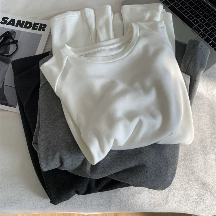 【YC】春季新款百搭显瘦弹力纯色圆领加厚打底T