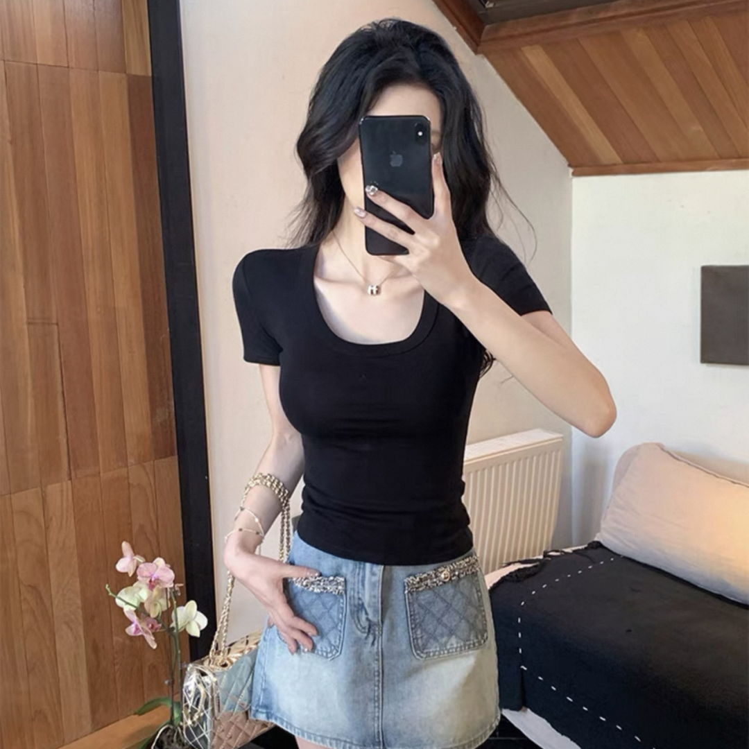 正肩圆领紧身短袖t恤女夏季新款纯色简约修身显瘦时尚百搭u领上衣