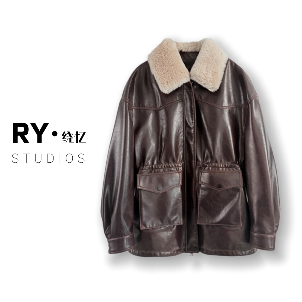 海宁真皮油蜡皮皮衣羊皮冬季外套加厚内胆羊毛领中长款收腰鹅绒服