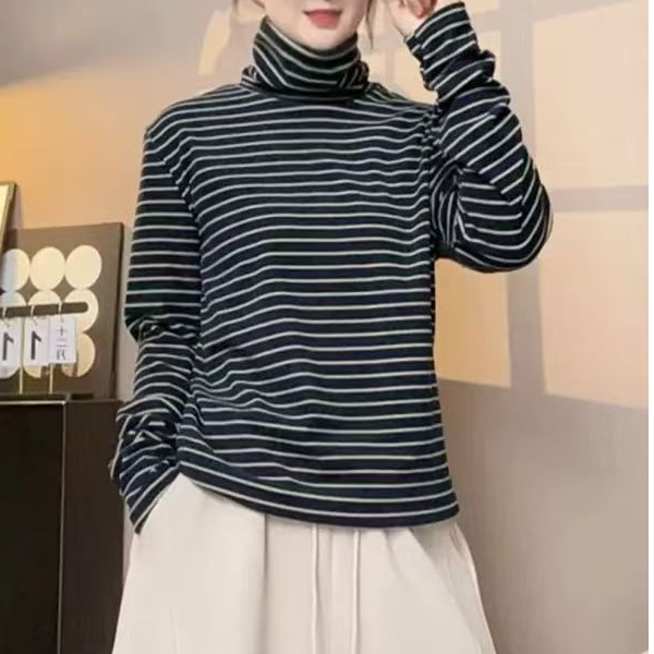 拼接条纹堆堆领保暖宽松型高领卫衣绒衫冬季半高领时尚圆领长袖女