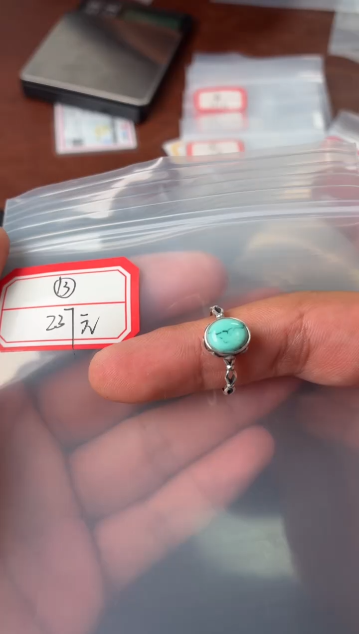 银S925镶嵌绿松石戒指噶玛珠宝 银S925