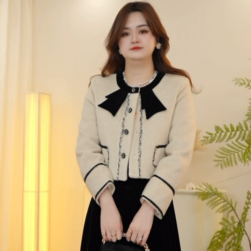 纯色轻职风加绒厚款薄款长袖小香风秋冬季名媛