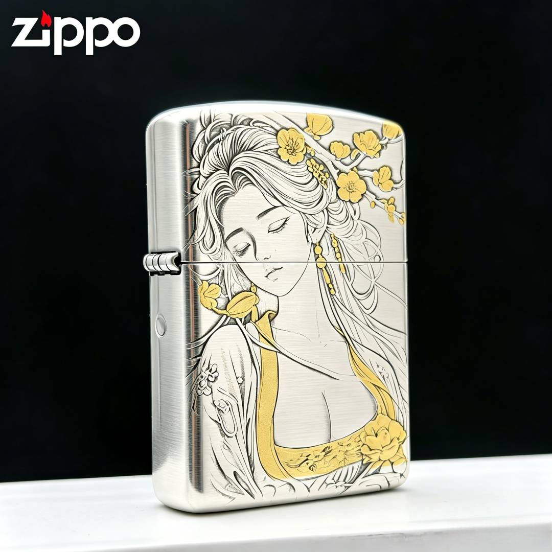 ZIPPO/之宝打火机【桃花女郎】双面浮雕镀银鎏金盔甲机防风送男友