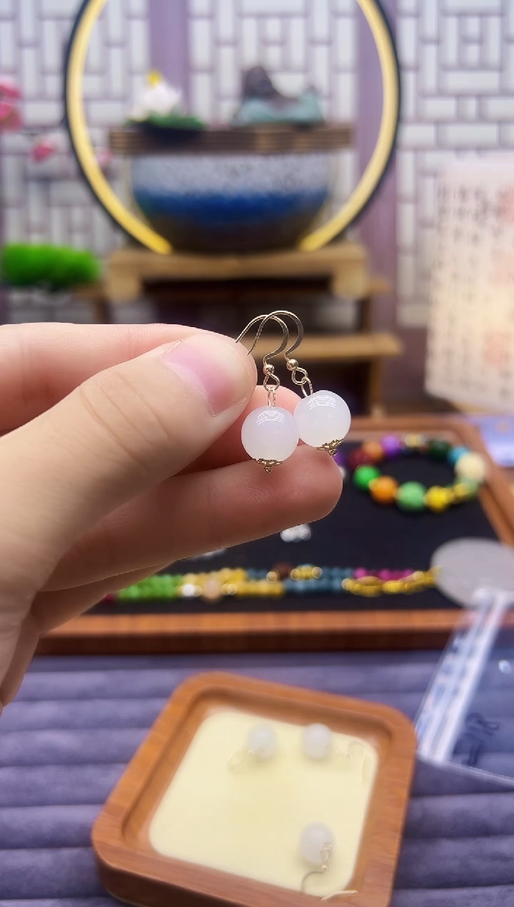 和田玉14K金镶嵌耳饰E118
