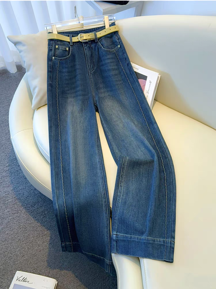 【整款2】2025年高腰长裤女复古高腰阔腿牛仔裤美式高街裤子破洞宽