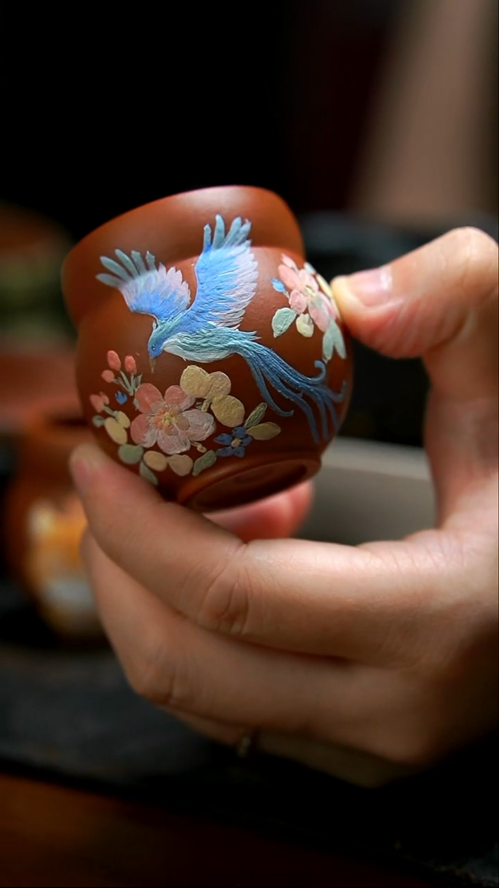 茶壶紫砂朱泥青鸟杯
