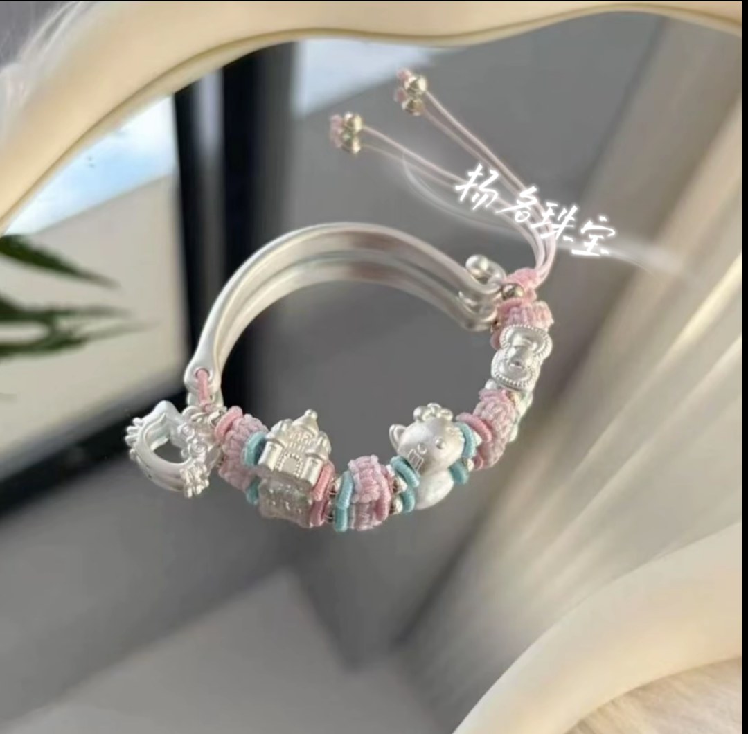 足银手镯 hellokitty蝴蝶结城堡手镯三丽鸥纯手工编织卡通礼物