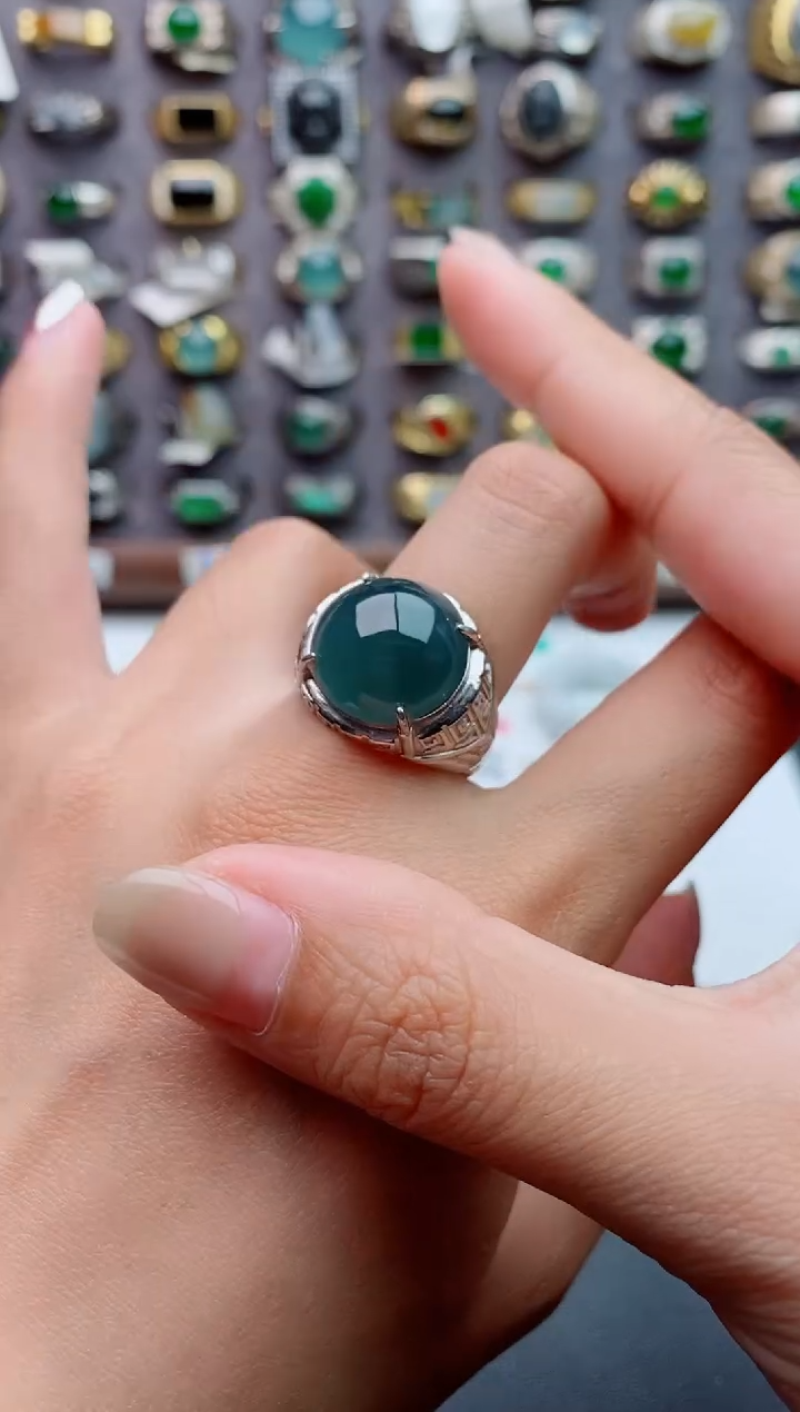 银S925镶嵌戒指翡翠天然翡翠男戒