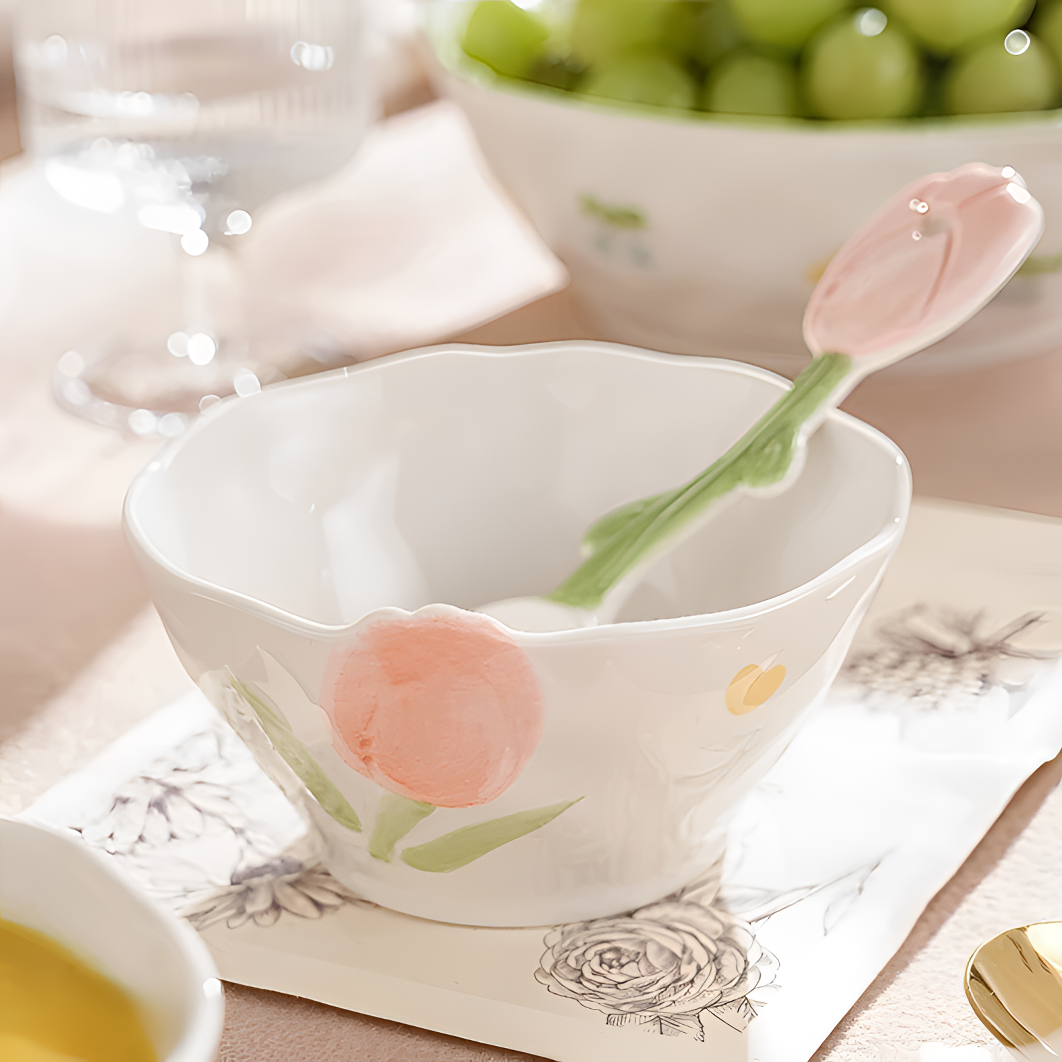 【郁见花开】4.75英寸米饭碗釉下彩创意零食碗水果碗碗勺套装