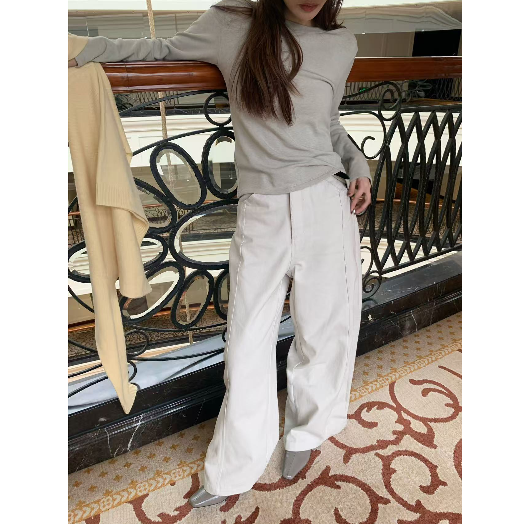 【OneMinute】韩系ins感简约百搭烟灰白长裤