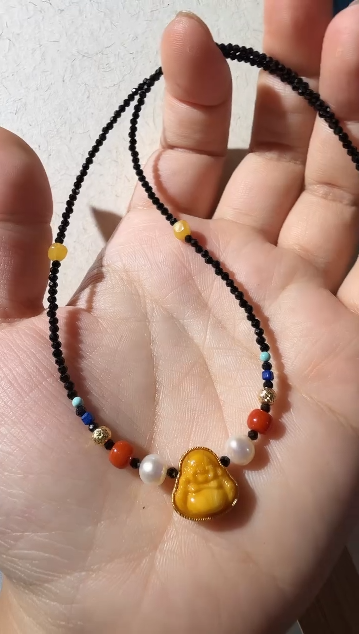 【闪购商品】蜜蜡项链银S925镀金镶嵌蜜蜡佛公项链