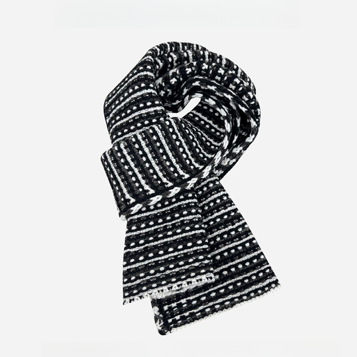 蘑糯糯同款小香风黑色条纹双面戴毛线围巾女秋冬保暖百搭针织围脖