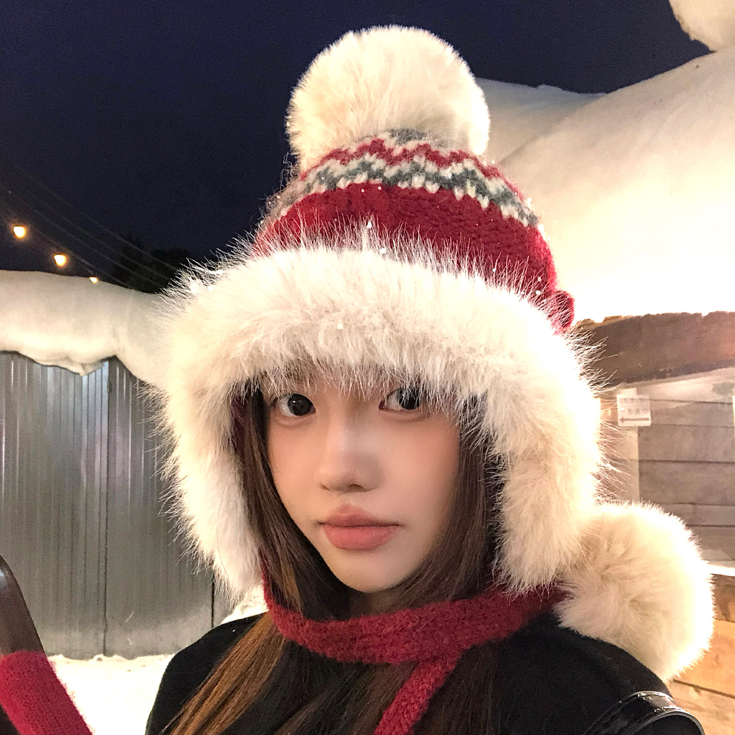 费尔岛风毛球加厚保暖雷锋帽女冬东北防寒护耳帽毛绒针织毛线帽子