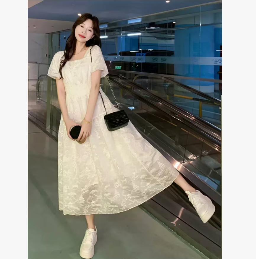 【裙长100】法式重工刺绣方领连衣裙女温柔风收腰显瘦公主裙9592【4】