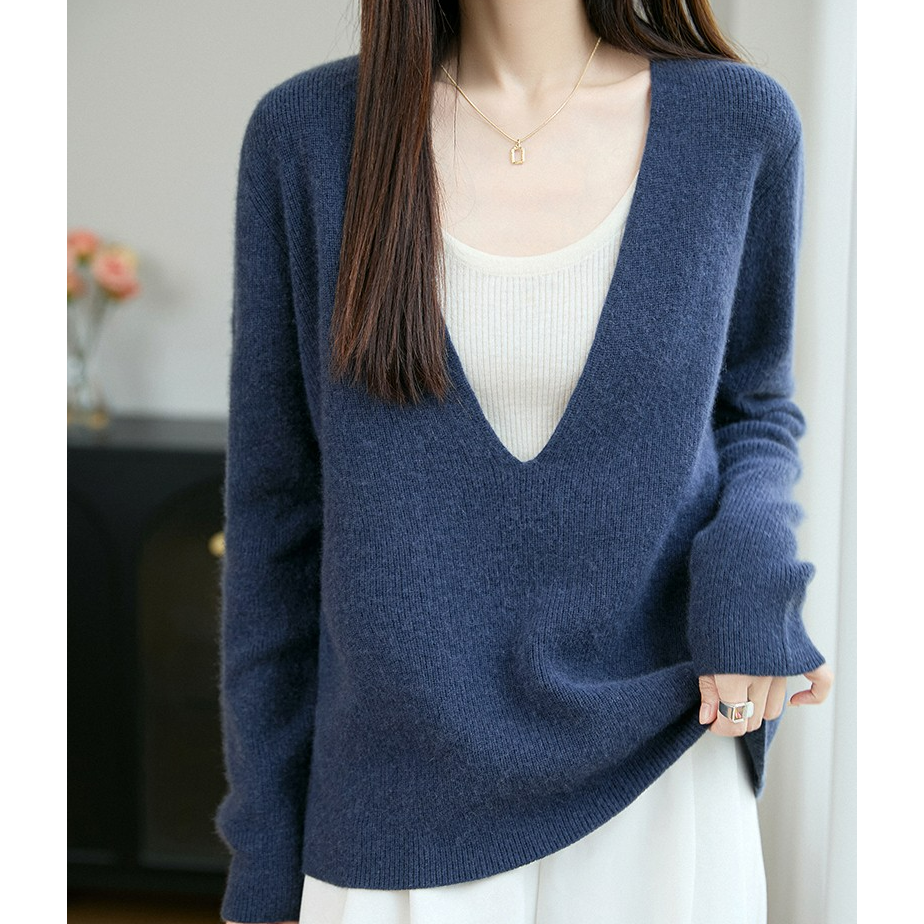 100羊毛V领羊毛衫叠穿打底保暖气质女款秋冬打底衫女显瘦Y2552