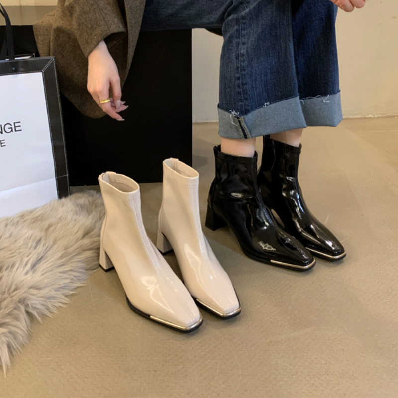 【陳妮可】时装靴 方头粗跟短靴女法式瘦瘦靴气质时尚靴秋冬女靴