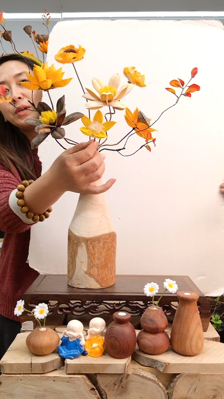 木实木花瓶连花带瓶一套