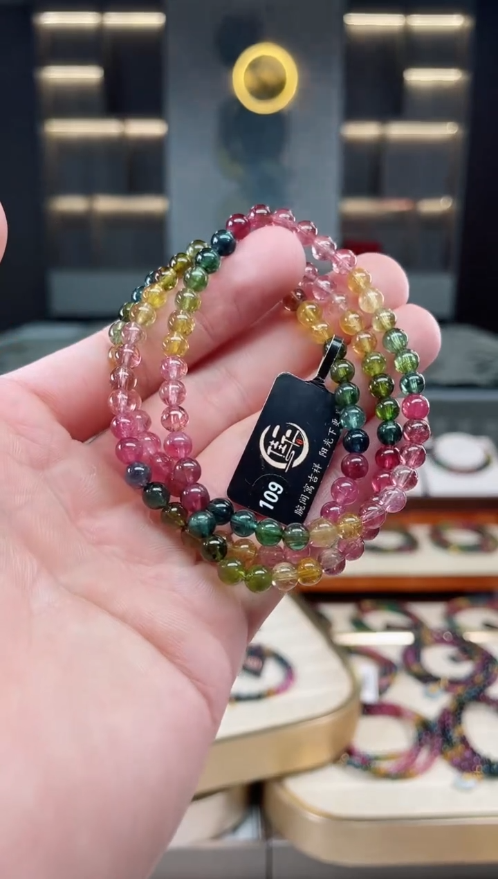 未镶嵌冰透体老矿碧玺彩虹三圈手串5mm+碧玺多样性发一条xion