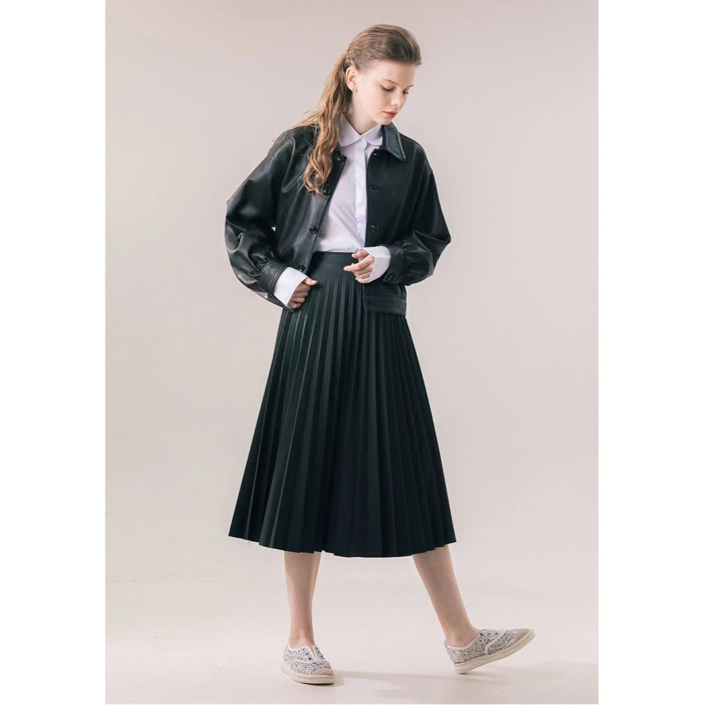 PJL女款韩版秋季时尚百搭短款宽松阔版翻领头层绵羊皮皮夹克短扩