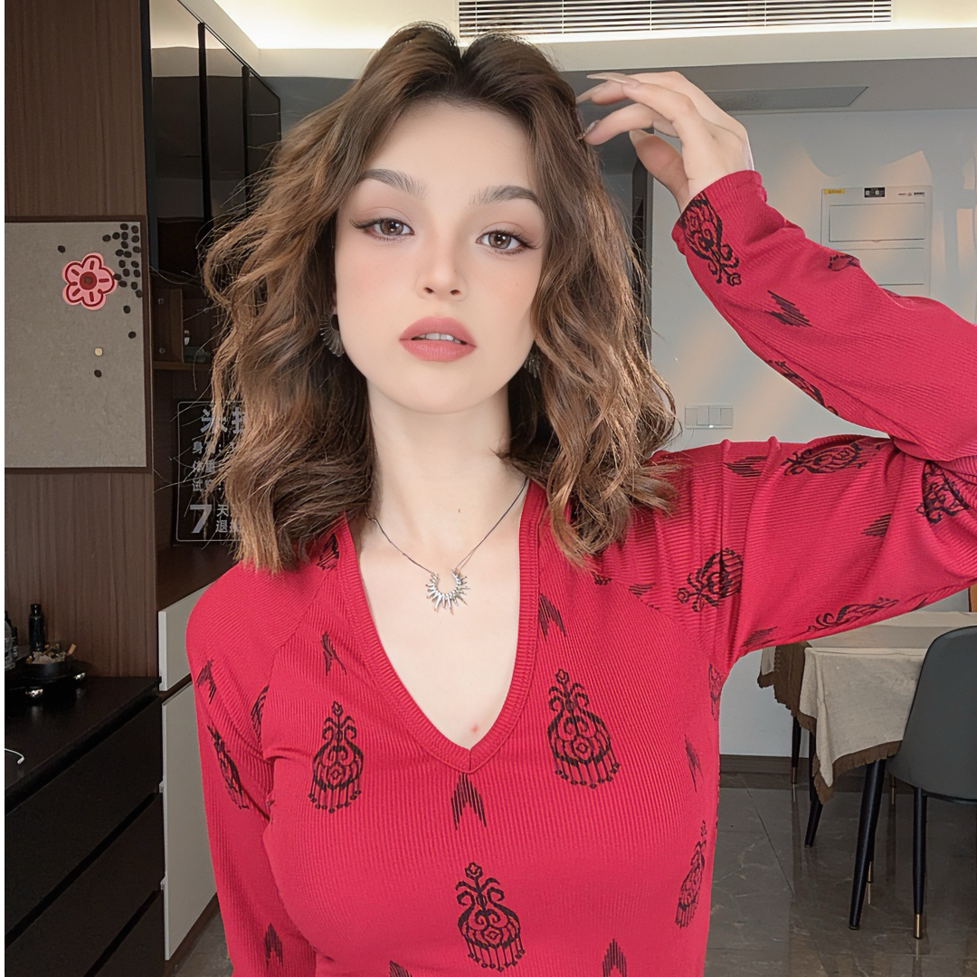 美式辣妹V领长袖百搭打底衫显瘦时尚修身印花