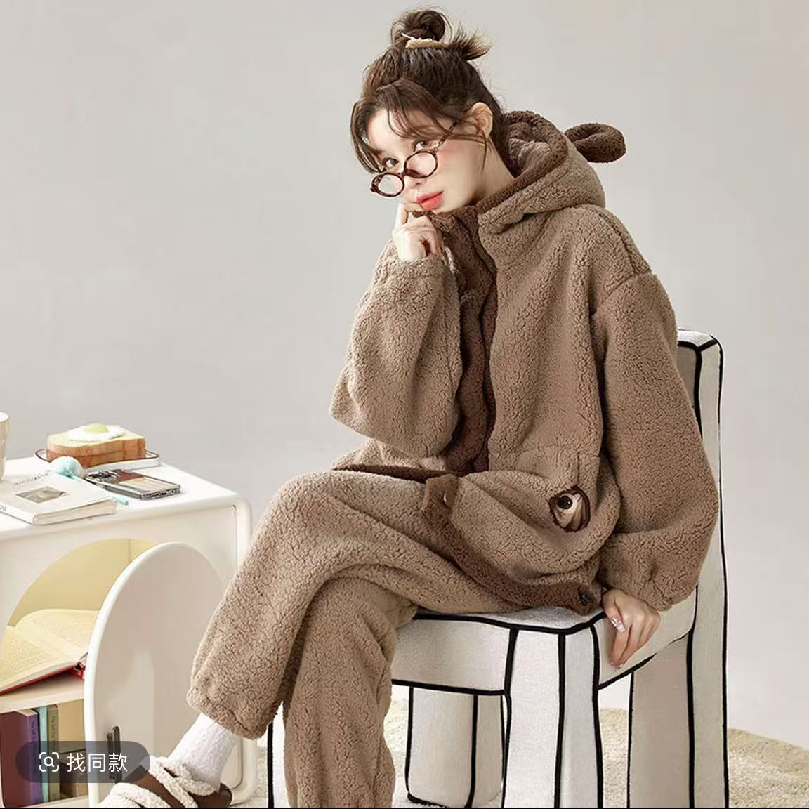 新款加厚保暖睡衣小熊卡通可爱经典百搭家居服连帽套装秋冬季