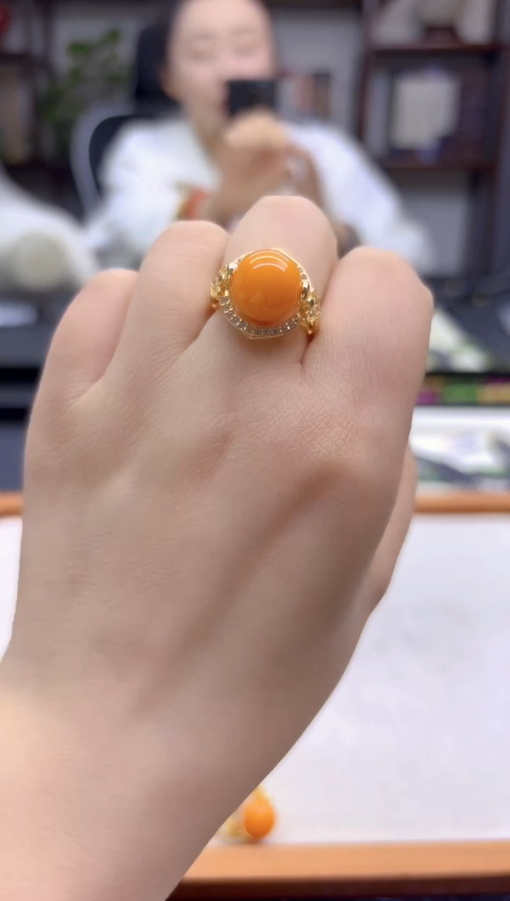 14K金镶嵌蜜蜡戒指DIY款J52