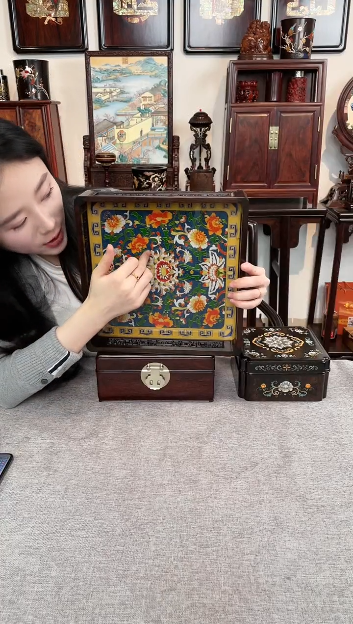 【闪购商品】红酸枝木类成套家具景泰蓝托盘