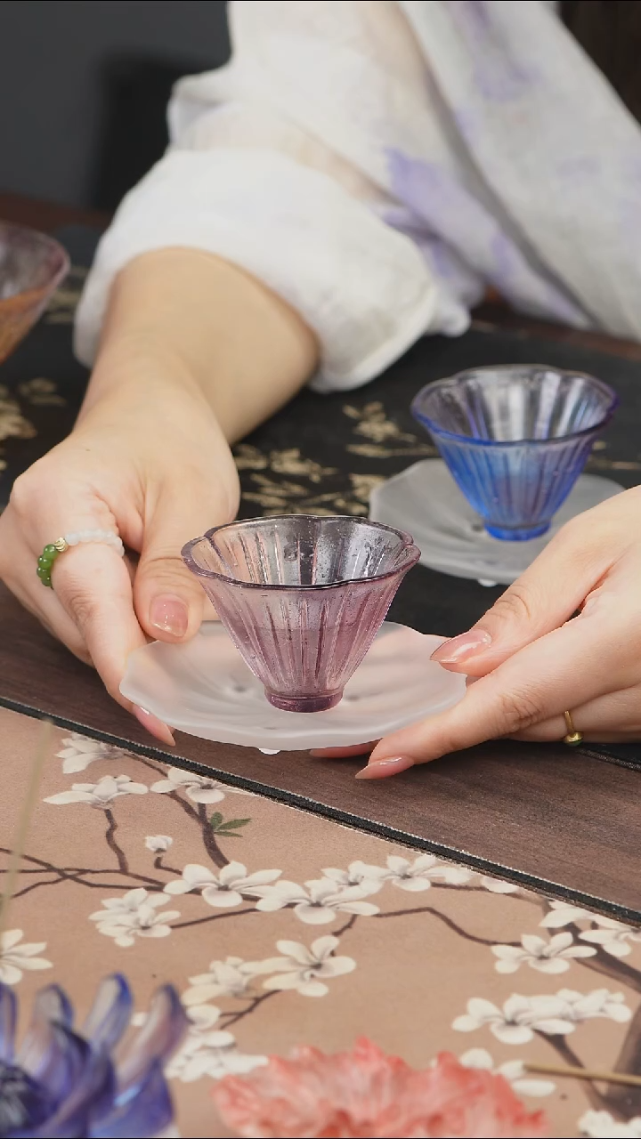 手工艺品琉璃紫色花朵斗笠杯