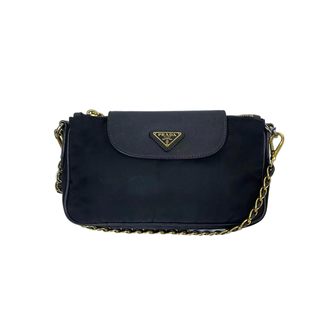 95新 Prada/普拉达 黑色尼龙拼皮单肩斜挎包 BH-50826