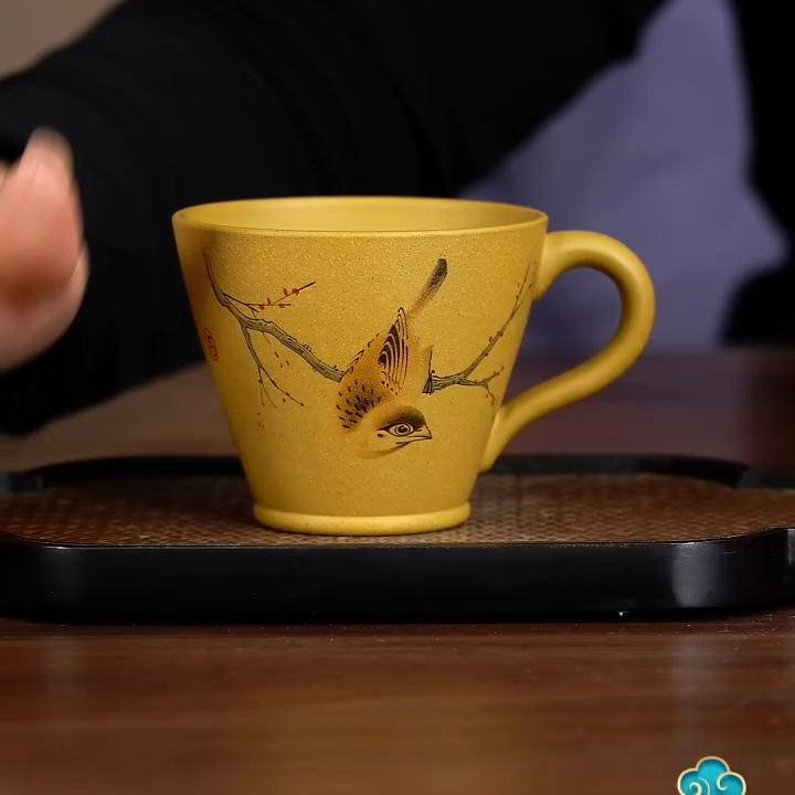2013宜兴红泥紫砂茶具茶杯黄段泥手绘品茗杯侧把主人杯fsw150ml