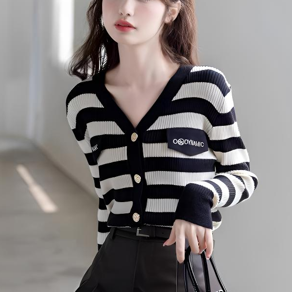 韩版开衫款百搭女拼色条纹毛衣毛针织衫